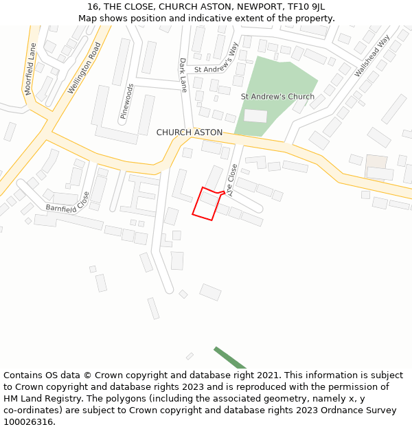 16, THE CLOSE, CHURCH ASTON, NEWPORT, TF10 9JL: Location map and indicative extent of plot