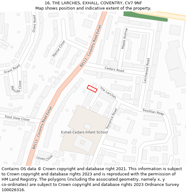 16, THE LARCHES, EXHALL, COVENTRY, CV7 9NF: Location map and indicative extent of plot