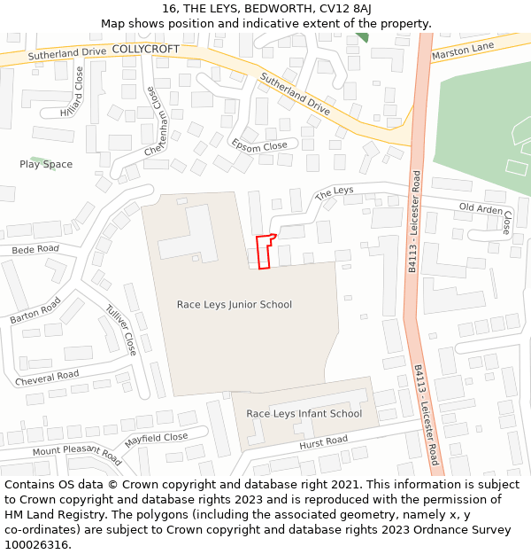 16, THE LEYS, BEDWORTH, CV12 8AJ: Location map and indicative extent of plot