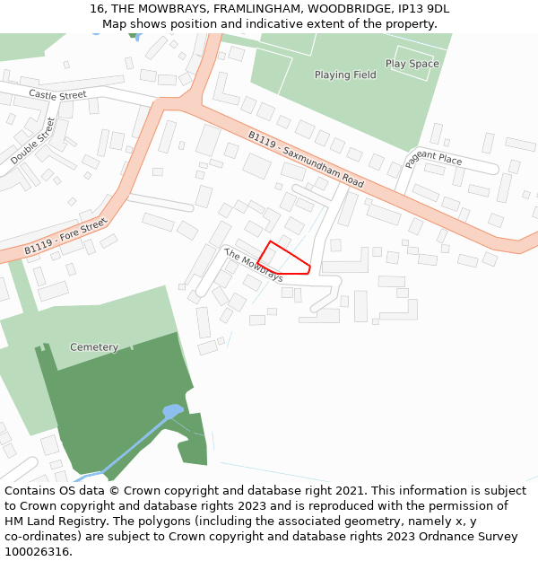 16, THE MOWBRAYS, FRAMLINGHAM, WOODBRIDGE, IP13 9DL: Location map and indicative extent of plot