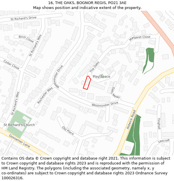 16, THE OAKS, BOGNOR REGIS, PO21 3AE: Location map and indicative extent of plot