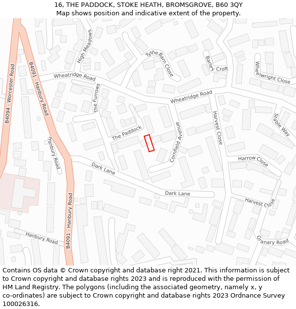 16, THE PADDOCK, STOKE HEATH, BROMSGROVE, B60 3QY: Location map and indicative extent of plot