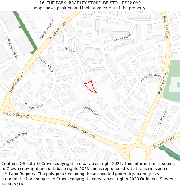 16, THE PARK, BRADLEY STOKE, BRISTOL, BS32 0AP: Location map and indicative extent of plot