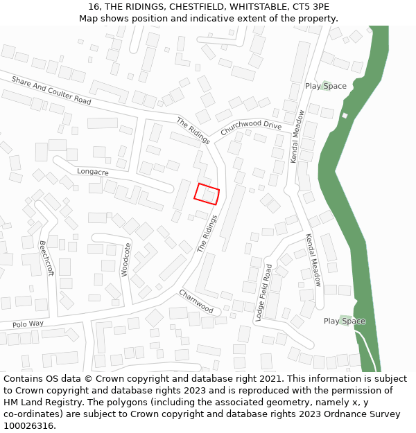 16, THE RIDINGS, CHESTFIELD, WHITSTABLE, CT5 3PE: Location map and indicative extent of plot