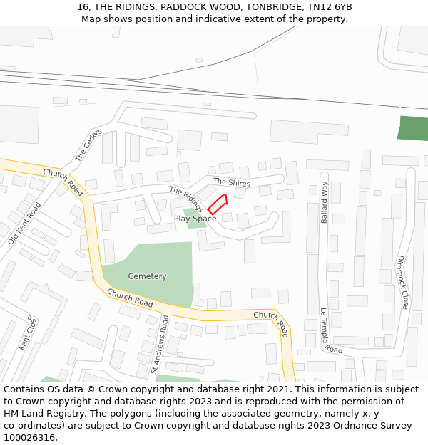 16, THE RIDINGS, PADDOCK WOOD, TONBRIDGE, TN12 6YB: Location map and indicative extent of plot