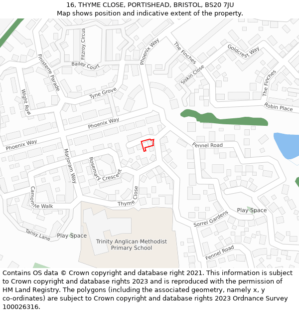 16, THYME CLOSE, PORTISHEAD, BRISTOL, BS20 7JU: Location map and indicative extent of plot