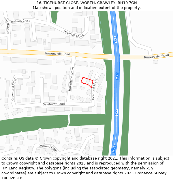16, TICEHURST CLOSE, WORTH, CRAWLEY, RH10 7GN: Location map and indicative extent of plot