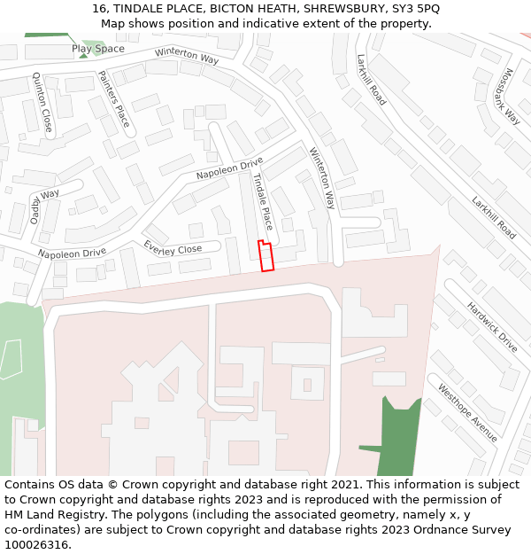 16, TINDALE PLACE, BICTON HEATH, SHREWSBURY, SY3 5PQ: Location map and indicative extent of plot