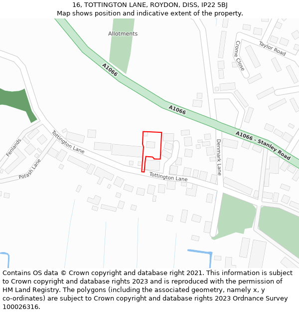 16, TOTTINGTON LANE, ROYDON, DISS, IP22 5BJ: Location map and indicative extent of plot