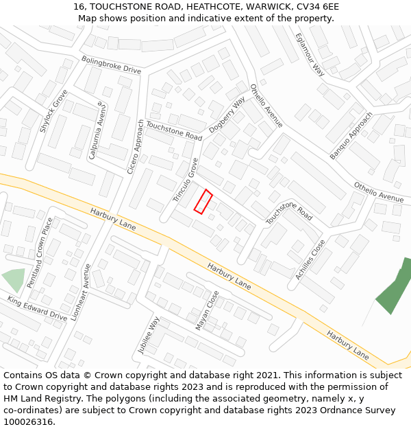 16, TOUCHSTONE ROAD, HEATHCOTE, WARWICK, CV34 6EE: Location map and indicative extent of plot