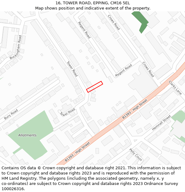 16, TOWER ROAD, EPPING, CM16 5EL: Location map and indicative extent of plot