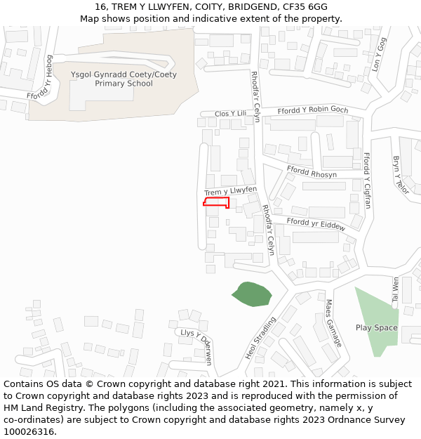 16, TREM Y LLWYFEN, COITY, BRIDGEND, CF35 6GG: Location map and indicative extent of plot