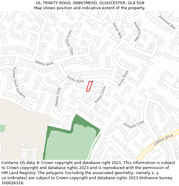 16, TRINITY ROAD, ABBEYMEAD, GLOUCESTER, GL4 5GB: Location map and indicative extent of plot