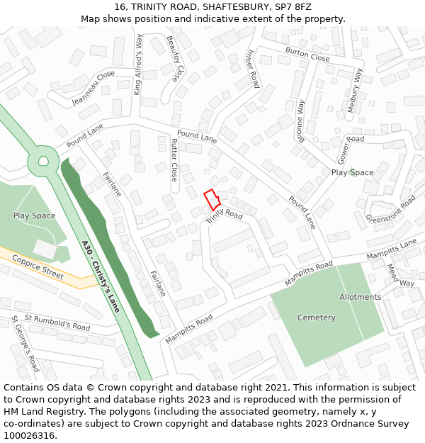 16, TRINITY ROAD, SHAFTESBURY, SP7 8FZ: Location map and indicative extent of plot