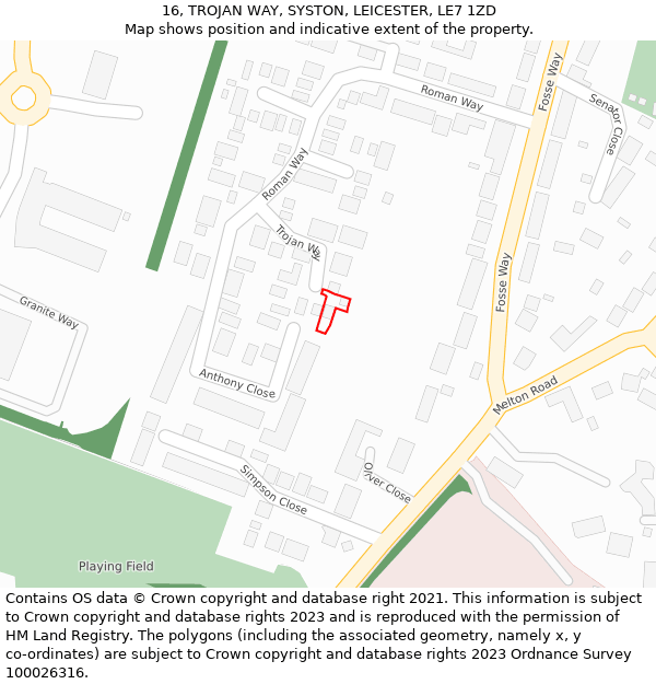 16, TROJAN WAY, SYSTON, LEICESTER, LE7 1ZD: Location map and indicative extent of plot