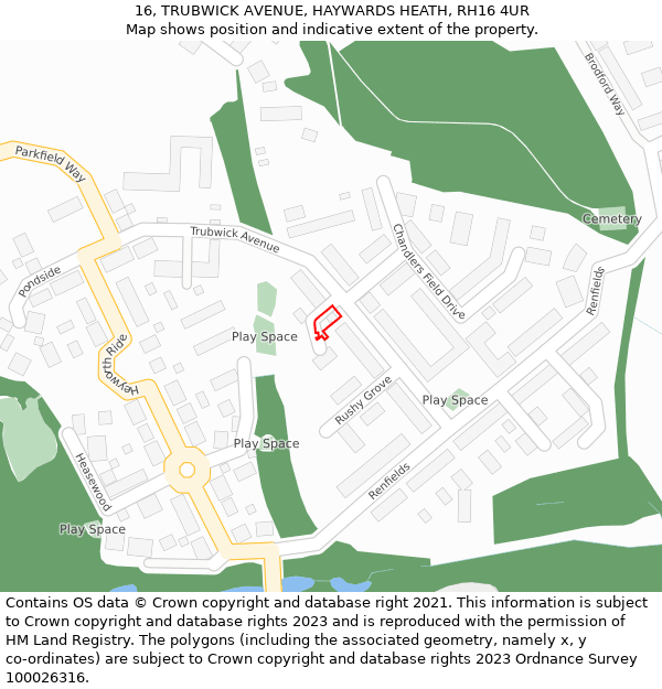 16, TRUBWICK AVENUE, HAYWARDS HEATH, RH16 4UR: Location map and indicative extent of plot