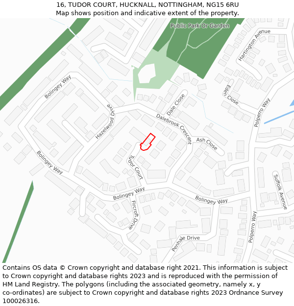 16, TUDOR COURT, HUCKNALL, NOTTINGHAM, NG15 6RU: Location map and indicative extent of plot