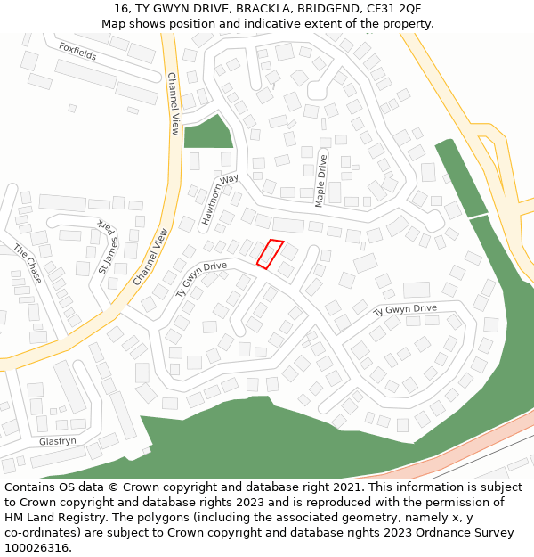 16, TY GWYN DRIVE, BRACKLA, BRIDGEND, CF31 2QF: Location map and indicative extent of plot