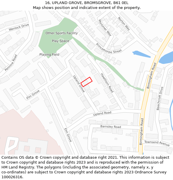 16, UPLAND GROVE, BROMSGROVE, B61 0EL: Location map and indicative extent of plot