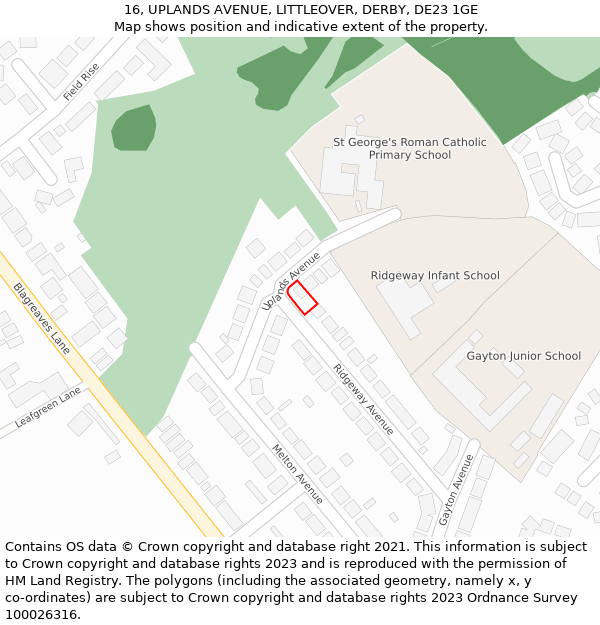 16, UPLANDS AVENUE, LITTLEOVER, DERBY, DE23 1GE: Location map and indicative extent of plot