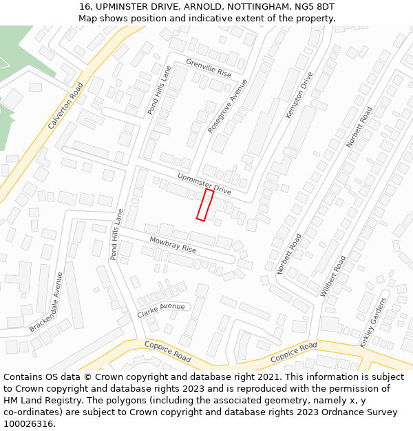 16, UPMINSTER DRIVE, ARNOLD, NOTTINGHAM, NG5 8DT: Location map and indicative extent of plot