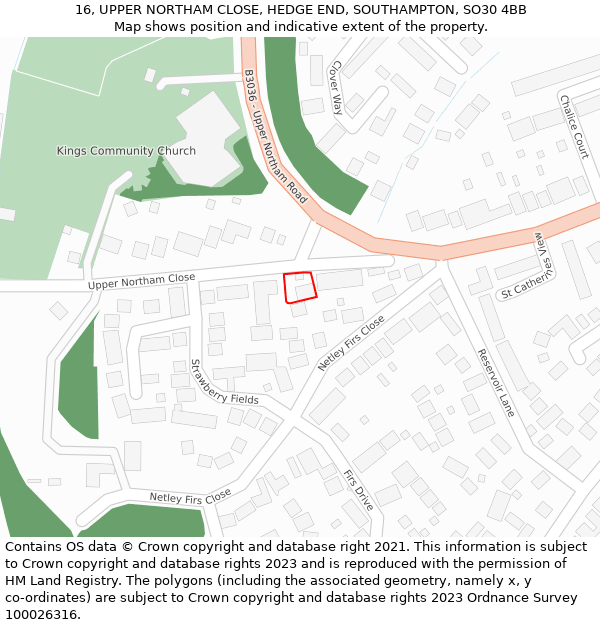 16, UPPER NORTHAM CLOSE, HEDGE END, SOUTHAMPTON, SO30 4BB: Location map and indicative extent of plot