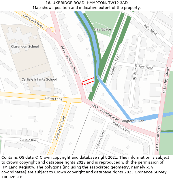 16, UXBRIDGE ROAD, HAMPTON, TW12 3AD: Location map and indicative extent of plot