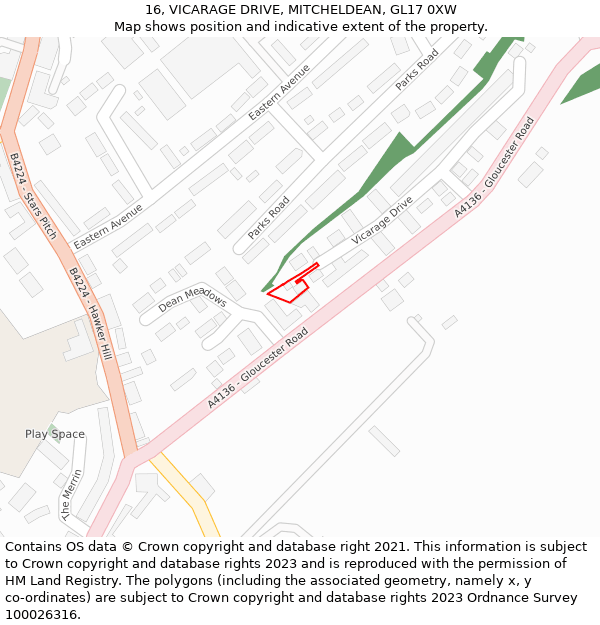 16, VICARAGE DRIVE, MITCHELDEAN, GL17 0XW: Location map and indicative extent of plot