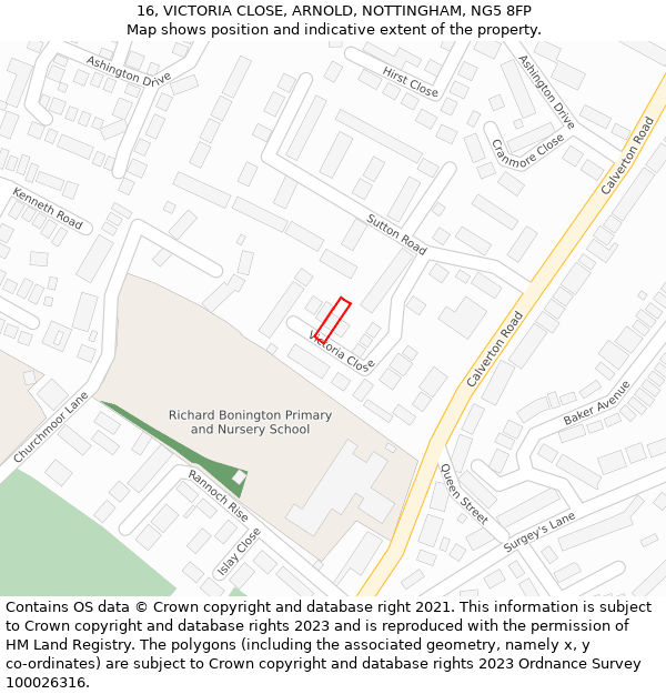 16, VICTORIA CLOSE, ARNOLD, NOTTINGHAM, NG5 8FP: Location map and indicative extent of plot