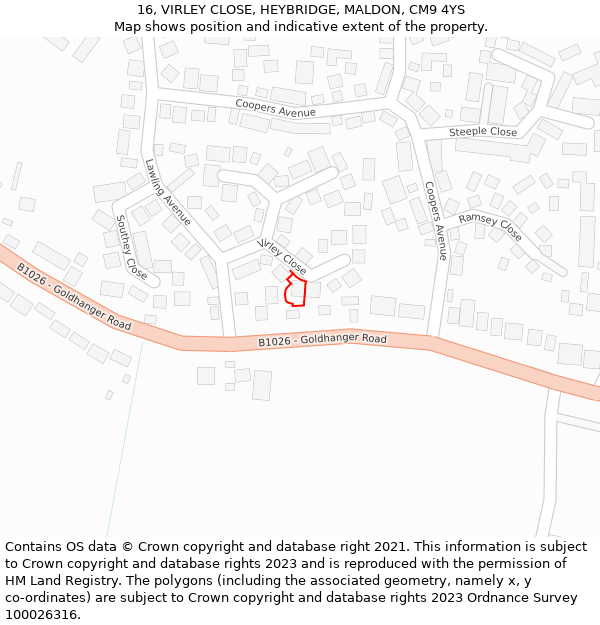 16, VIRLEY CLOSE, HEYBRIDGE, MALDON, CM9 4YS: Location map and indicative extent of plot