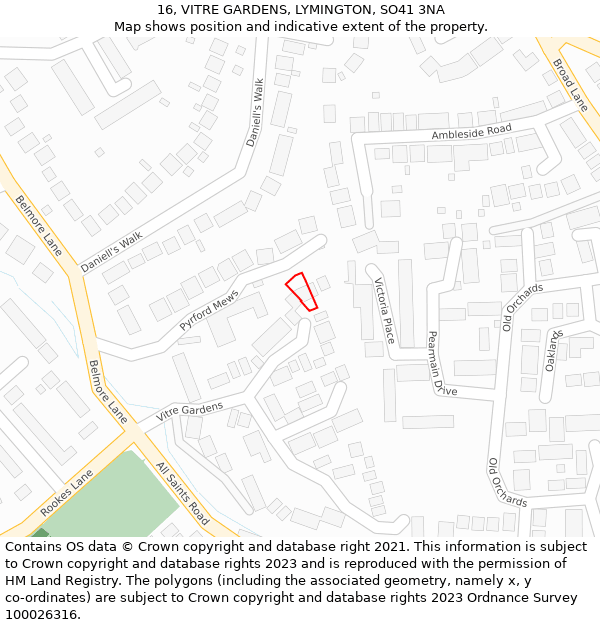 16, VITRE GARDENS, LYMINGTON, SO41 3NA: Location map and indicative extent of plot