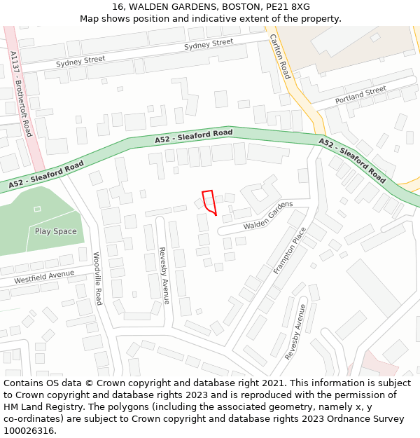 16, WALDEN GARDENS, BOSTON, PE21 8XG: Location map and indicative extent of plot