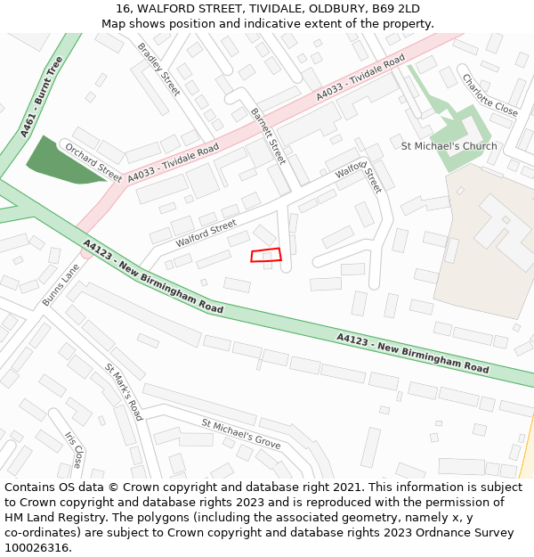 16, WALFORD STREET, TIVIDALE, OLDBURY, B69 2LD: Location map and indicative extent of plot