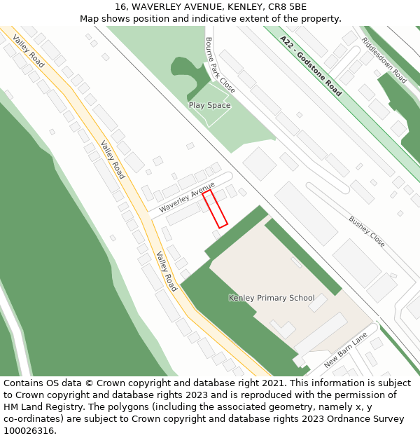 16, WAVERLEY AVENUE, KENLEY, CR8 5BE: Location map and indicative extent of plot