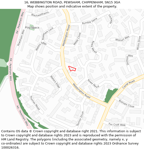 16, WEBBINGTON ROAD, PEWSHAM, CHIPPENHAM, SN15 3GA: Location map and indicative extent of plot