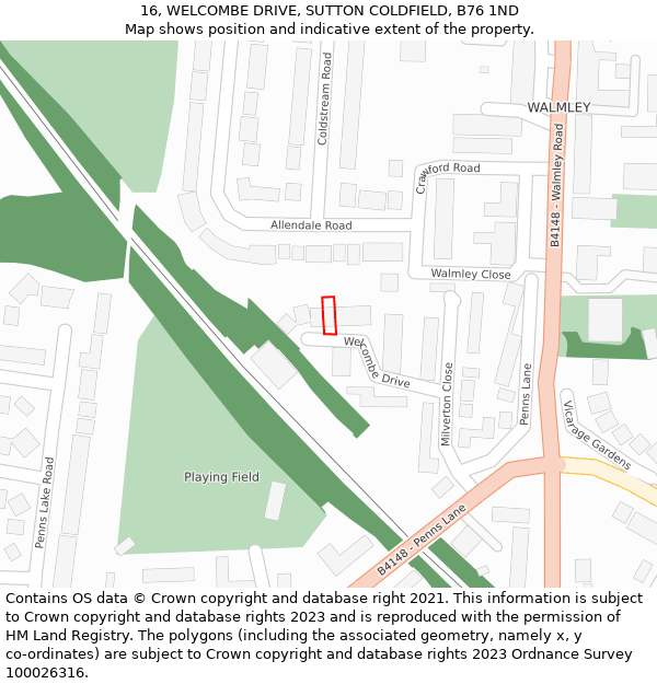 16, WELCOMBE DRIVE, SUTTON COLDFIELD, B76 1ND: Location map and indicative extent of plot