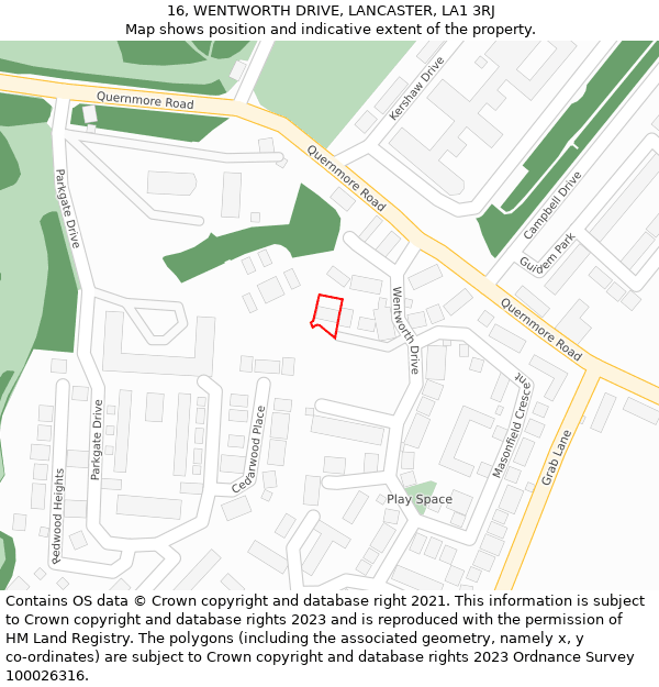 16, WENTWORTH DRIVE, LANCASTER, LA1 3RJ: Location map and indicative extent of plot