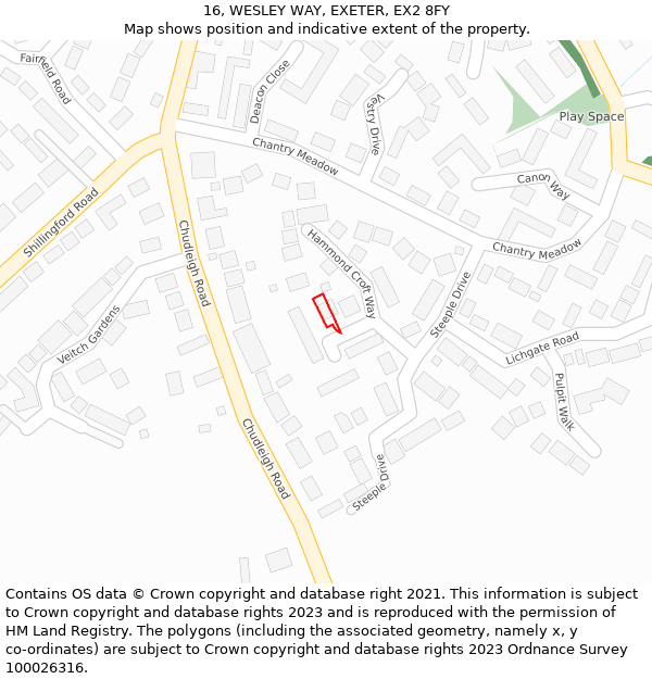 16, WESLEY WAY, EXETER, EX2 8FY: Location map and indicative extent of plot