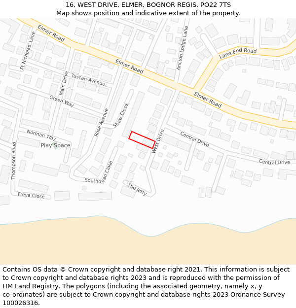 16, WEST DRIVE, ELMER, BOGNOR REGIS, PO22 7TS: Location map and indicative extent of plot