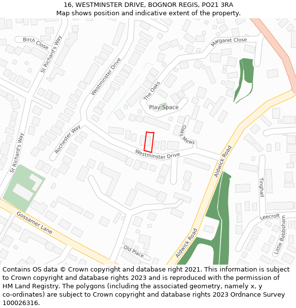 16, WESTMINSTER DRIVE, BOGNOR REGIS, PO21 3RA: Location map and indicative extent of plot