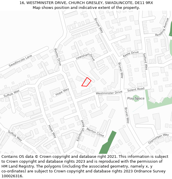 16, WESTMINSTER DRIVE, CHURCH GRESLEY, SWADLINCOTE, DE11 9RX: Location map and indicative extent of plot