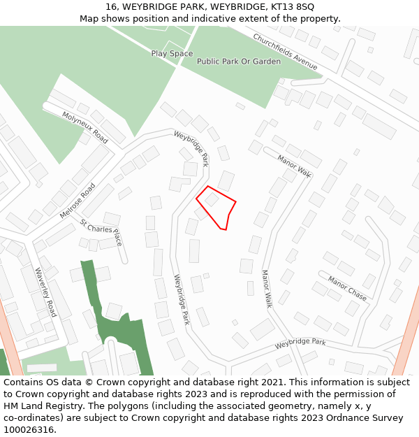 16, WEYBRIDGE PARK, WEYBRIDGE, KT13 8SQ: Location map and indicative extent of plot