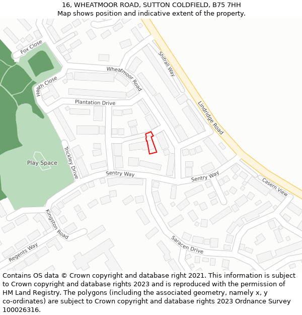 16, WHEATMOOR ROAD, SUTTON COLDFIELD, B75 7HH: Location map and indicative extent of plot