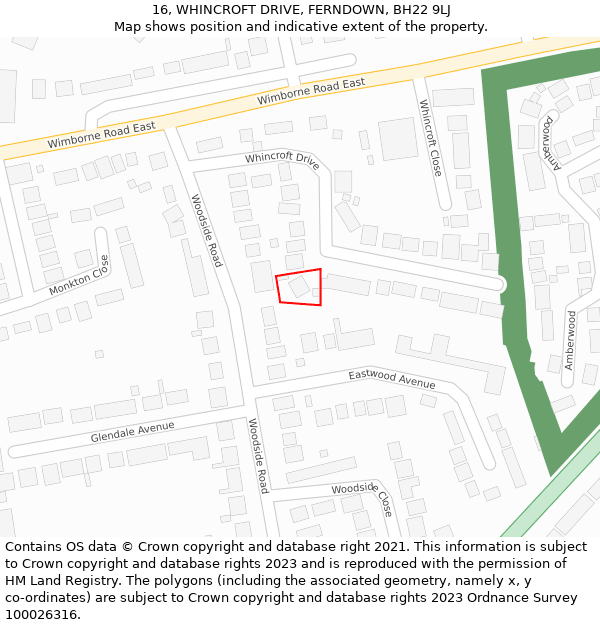 16, WHINCROFT DRIVE, FERNDOWN, BH22 9LJ: Location map and indicative extent of plot