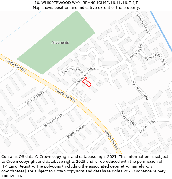 16, WHISPERWOOD WAY, BRANSHOLME, HULL, HU7 4JT: Location map and indicative extent of plot