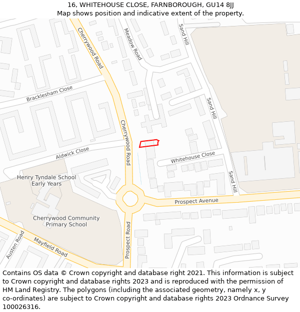 16, WHITEHOUSE CLOSE, FARNBOROUGH, GU14 8JJ: Location map and indicative extent of plot