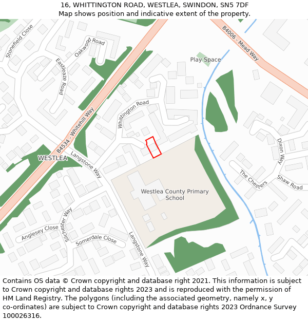 16, WHITTINGTON ROAD, WESTLEA, SWINDON, SN5 7DF: Location map and indicative extent of plot