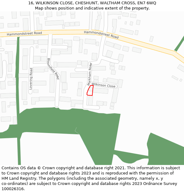 16, WILKINSON CLOSE, CHESHUNT, WALTHAM CROSS, EN7 6WQ: Location map and indicative extent of plot