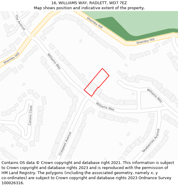 16, WILLIAMS WAY, RADLETT, WD7 7EZ: Location map and indicative extent of plot
