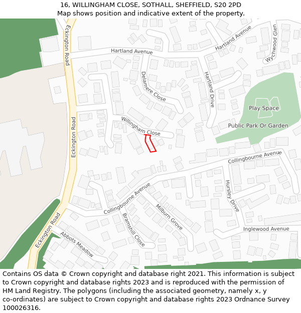 16, WILLINGHAM CLOSE, SOTHALL, SHEFFIELD, S20 2PD: Location map and indicative extent of plot